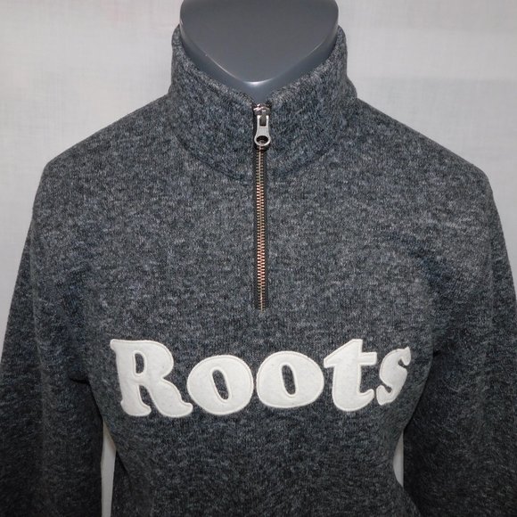 ROOTS Mens M Gray Salt & Pepper 1/4 Zip Fleece Lined Pullover Sweater Spellout - Picture 6 of 13